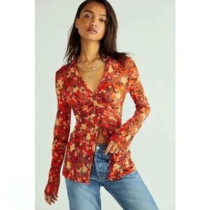 NWOT Free People Floral "Lucky Shirtee" Button Down Ruched Top Size Small